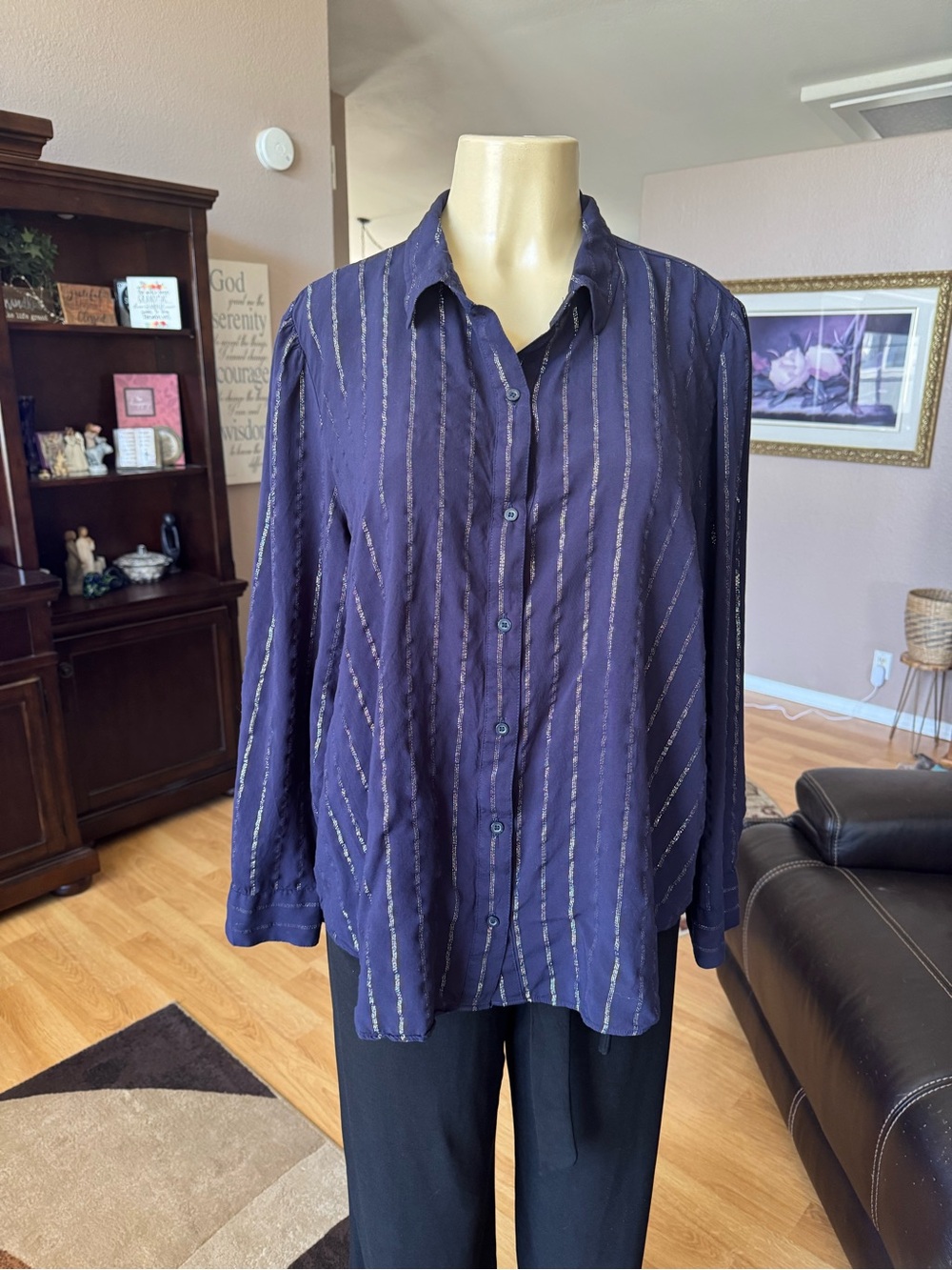 a.n.a black with gold metallic stripes button up lightweight blouse-size 1X